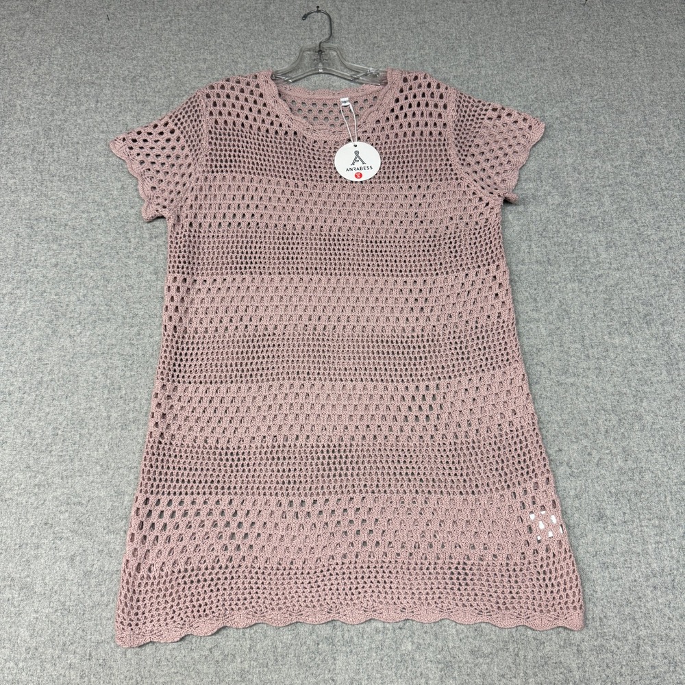 Anrabess Crochet Knit Swim Cover Up Dress Small Pink Scalloped Boho TL00071 NWT
